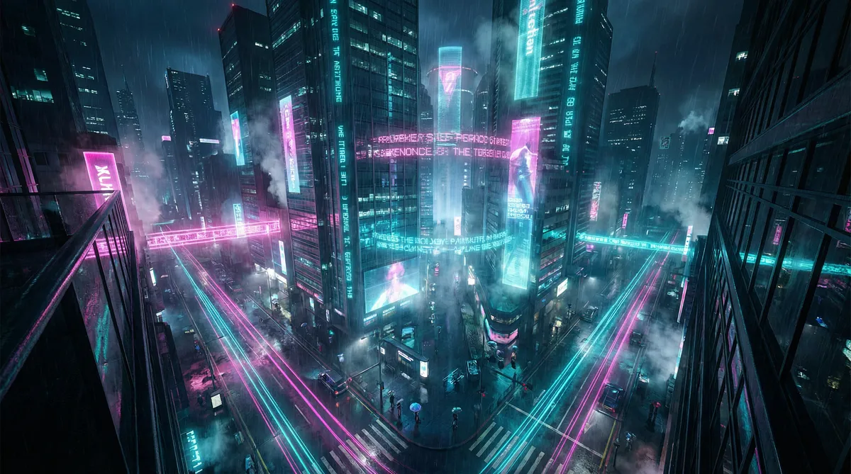 911红领巾 竖屏短剧平台首页背景 - 赛博朋克都市夜景